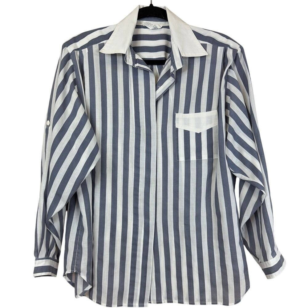 Julie Tess Paris White and Blue Striped Adjustable Sleeve Button Up Top LG XL